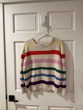 Miracle Cream Crewneck Sweater with Rainbow Stripes